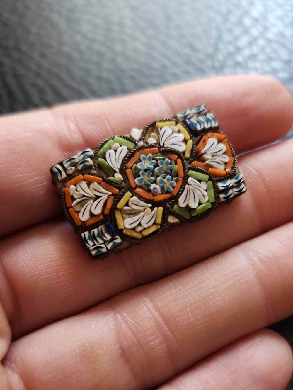 Vintage Micro Mosaic Floral Brooch in Orange, Green & Blue
